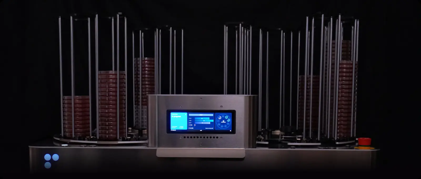 Reshape High Throughput Imaging Device with stacked culture plates in its loading towers and the touchscreen showing a run in progress