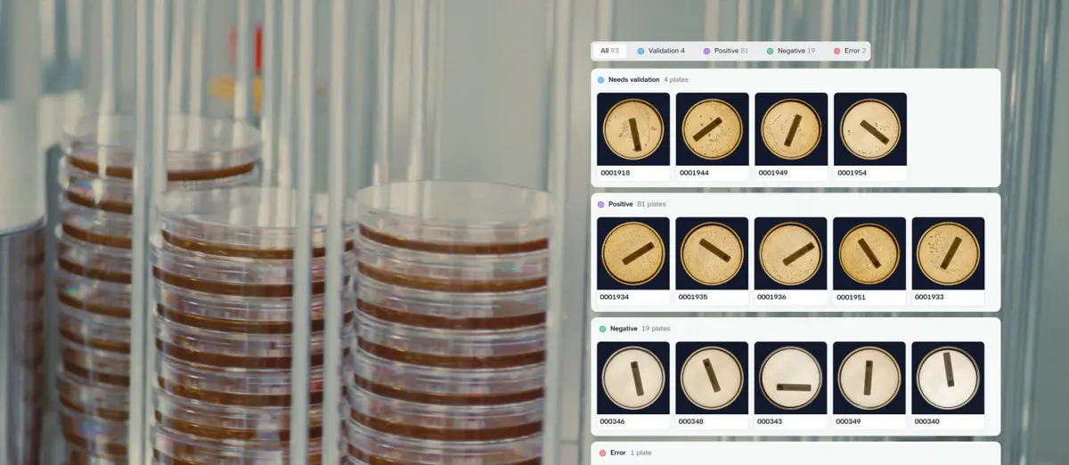 Plate images sorted by result in the Reshape platform: needs validation, positive, negative and error